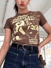 Pussy Cat Printed Tee Khaki / S Tops&Tees