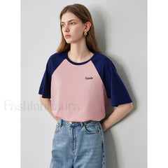 Raglan Sleeve Pure Cotton Casual T Shirt Blue Pink / S
