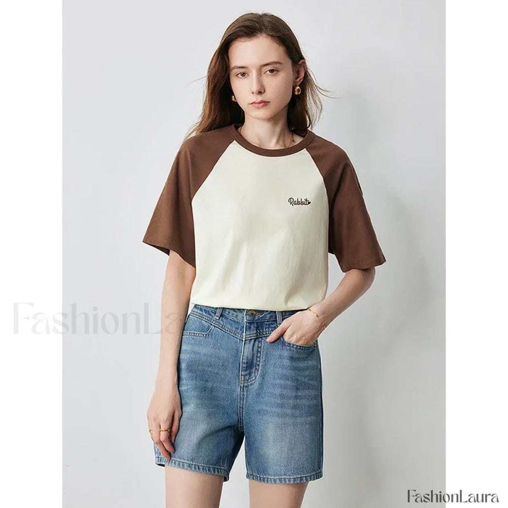 Raglan Sleeve Pure Cotton Casual T Shirt Brown Light Yellow / S