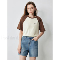 Raglan Sleeve Pure Cotton Casual T Shirt Brown Light Yellow / S