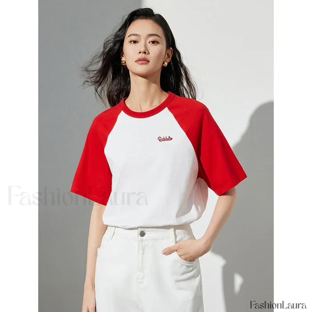 Raglan Sleeve Pure Cotton Casual T Shirt Red White / S