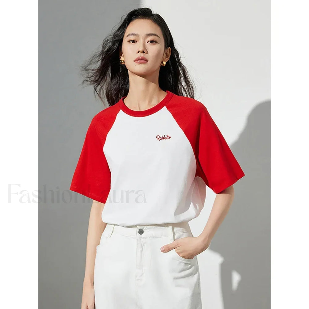 Raglan Sleeve Pure Cotton Casual T Shirt Red White / S