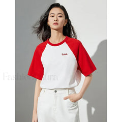 Raglan Sleeve Pure Cotton Casual T Shirt Red White / S