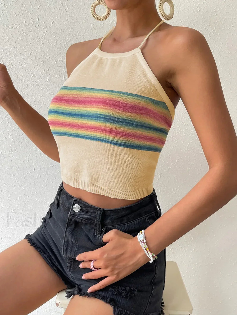 Rainbow Knitted Halter Crop Top Apricot / S