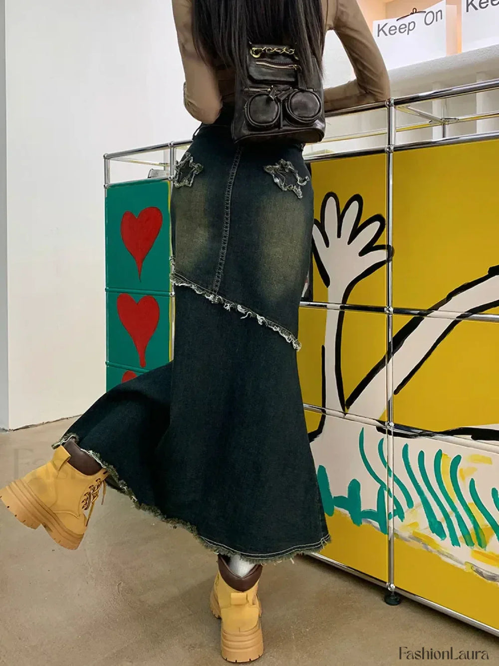 Raw Trim Mermaid Hem Washed Jean Long Skirt