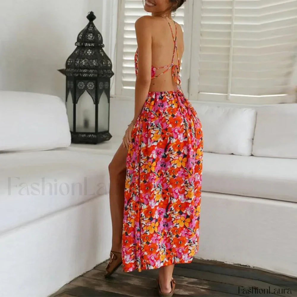 Red Bohemian Halter Floral Dress