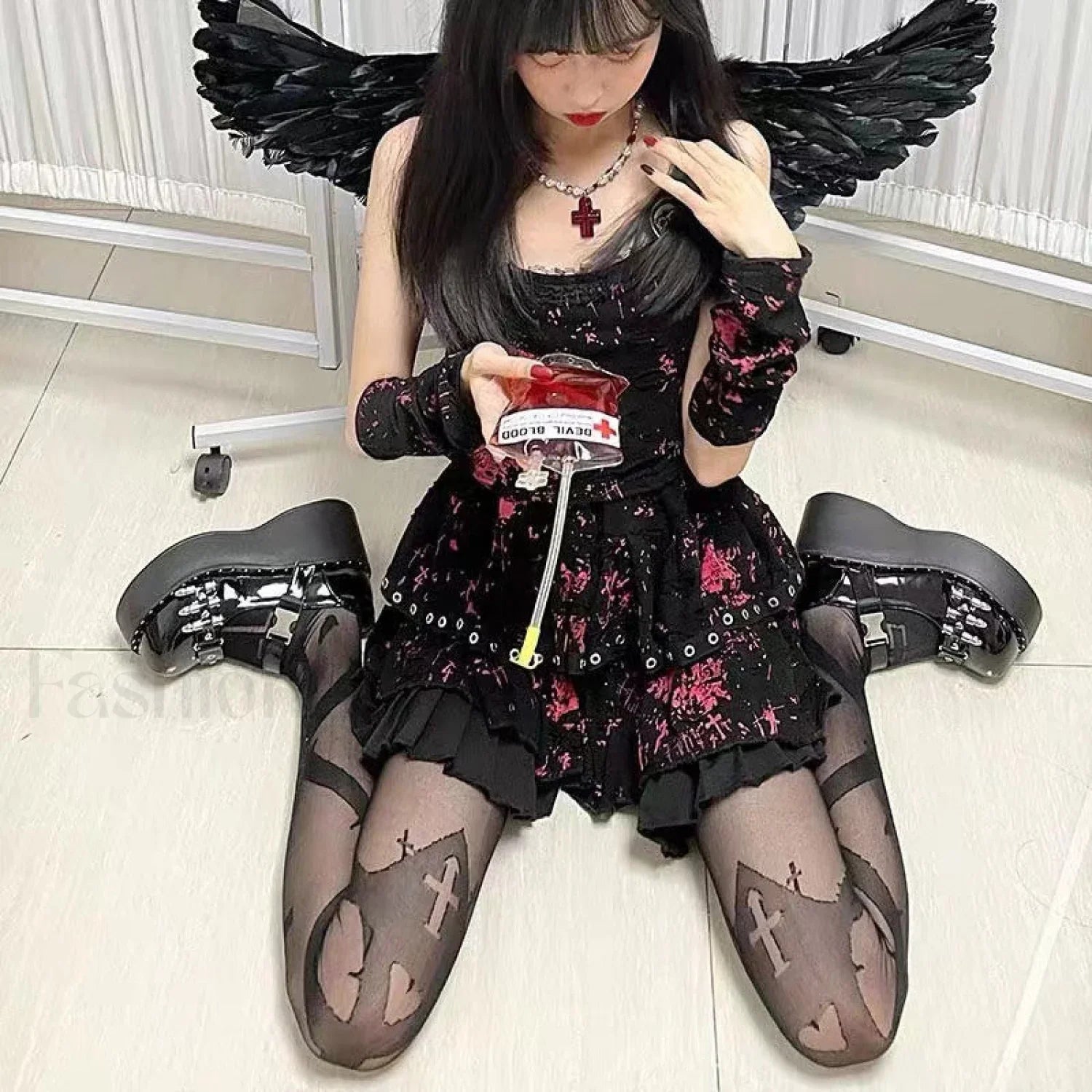 Red Heart Cross Baroque Pendant Pearl Necklace RED