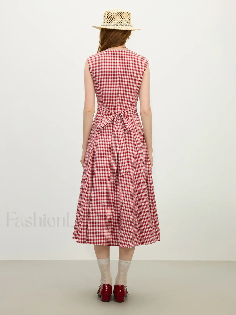 Red Plaid Sash Midi Dress
