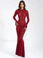 Red Striped Print Long Flare Christmas Party Dress Christmas