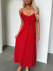 Red V Neck Camisole Midi Dress 01 Red / S