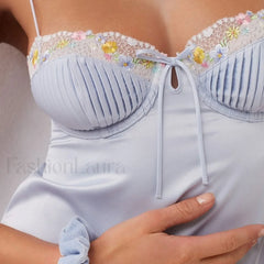 Refresh Floral Lace Frilled Bustier Satin Slip Mini Dress Baby Blue Satin Dresses