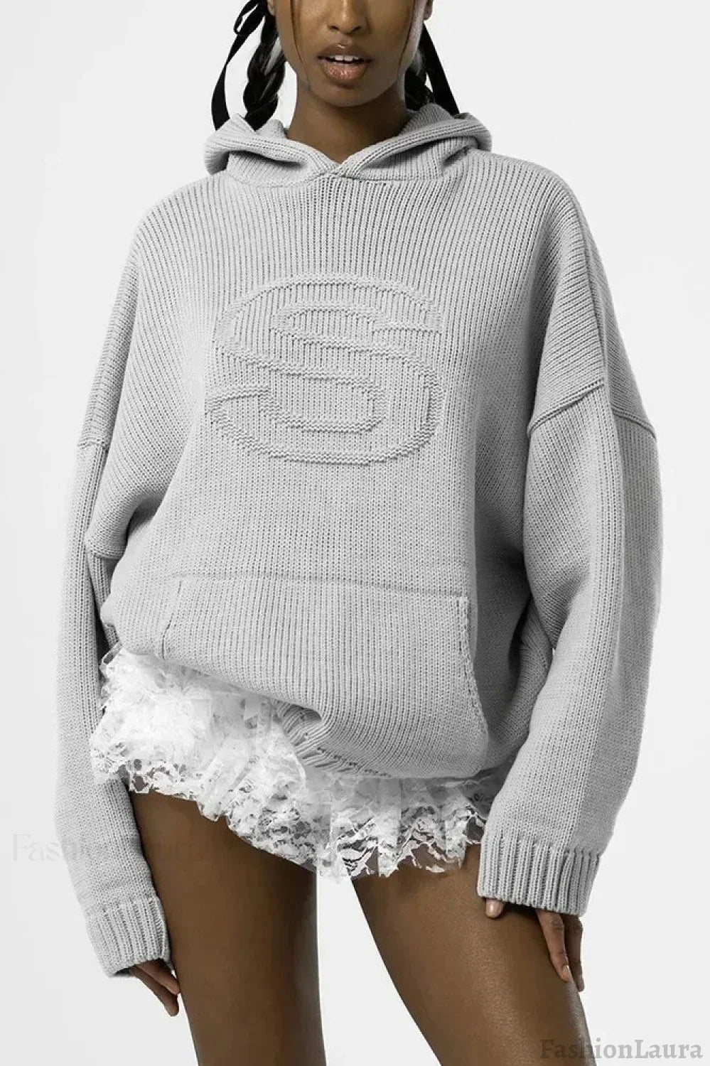 Relief Knitted Casual Loose Hoodie Grey / S