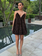 Retro 3D Floral Backless Slip Dress High Waisted Halter Floral Dress brown / S