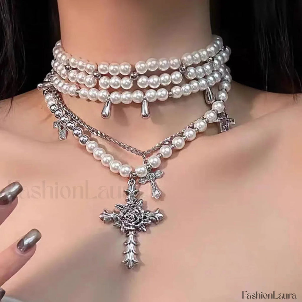 Retro Baroque Style Cross Layered Pearl Necklace