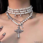 Retro Baroque Style Cross Layered Pearl Necklace