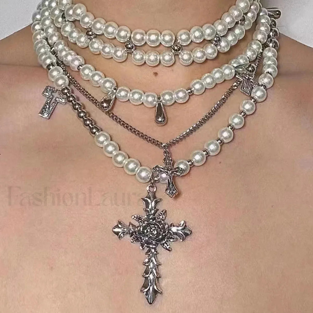 Retro Baroque Style Cross Layered Pearl Necklace