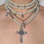Retro Baroque Style Cross Layered Pearl Necklace
