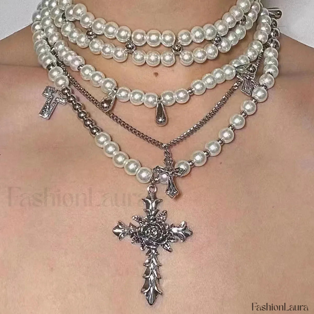 Retro Baroque Style Cross Layered Pearl Necklace