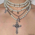 Retro Baroque Style Cross Layered Pearl Necklace