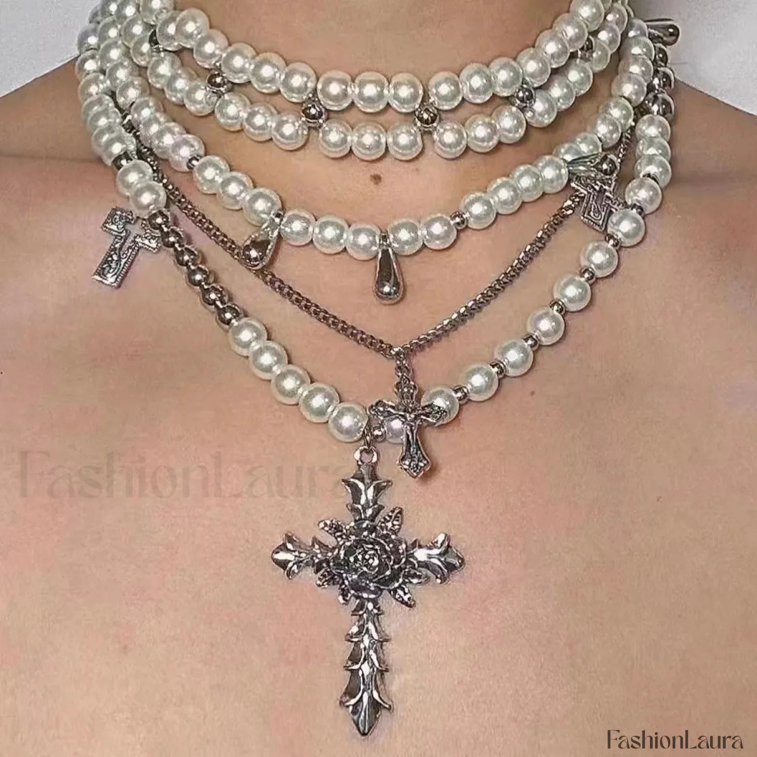 Retro Baroque Style Cross Layered Pearl Necklace