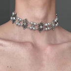 Retro Baroque Style Cross Layered Pearl Necklace GREY