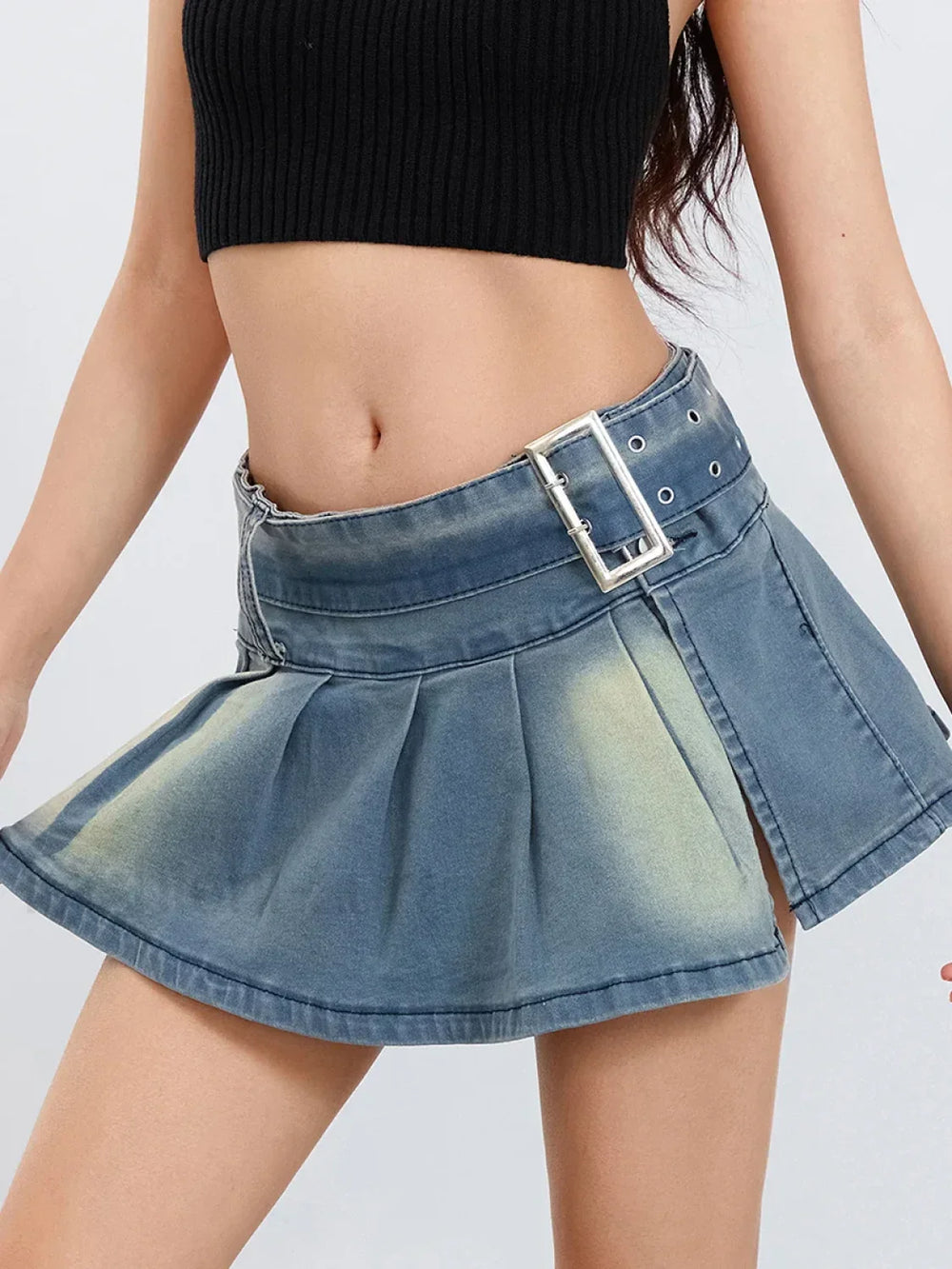 Retro Belted Pleated Denim Skirt