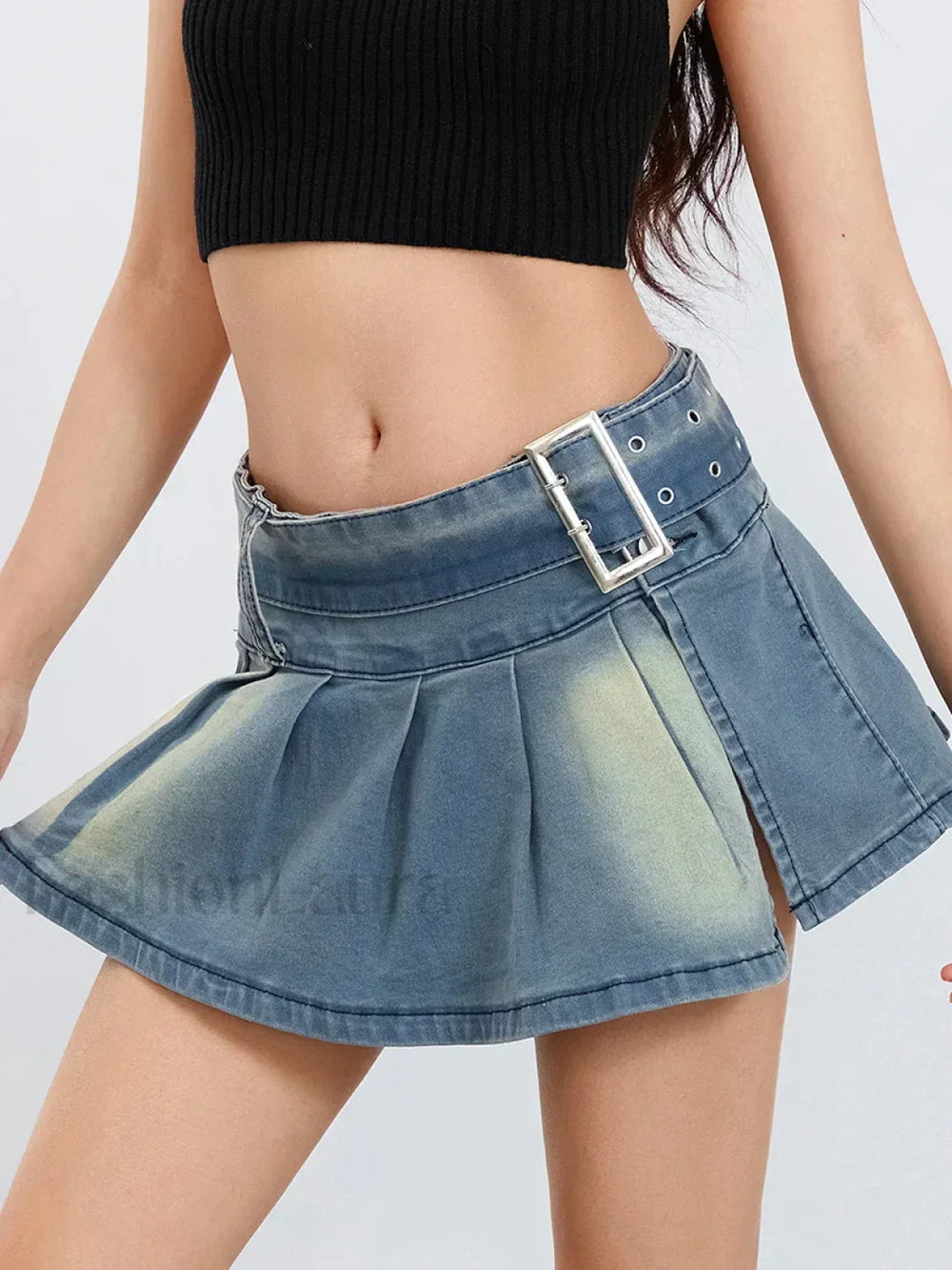 Retro Belted Pleated Denim Skirt