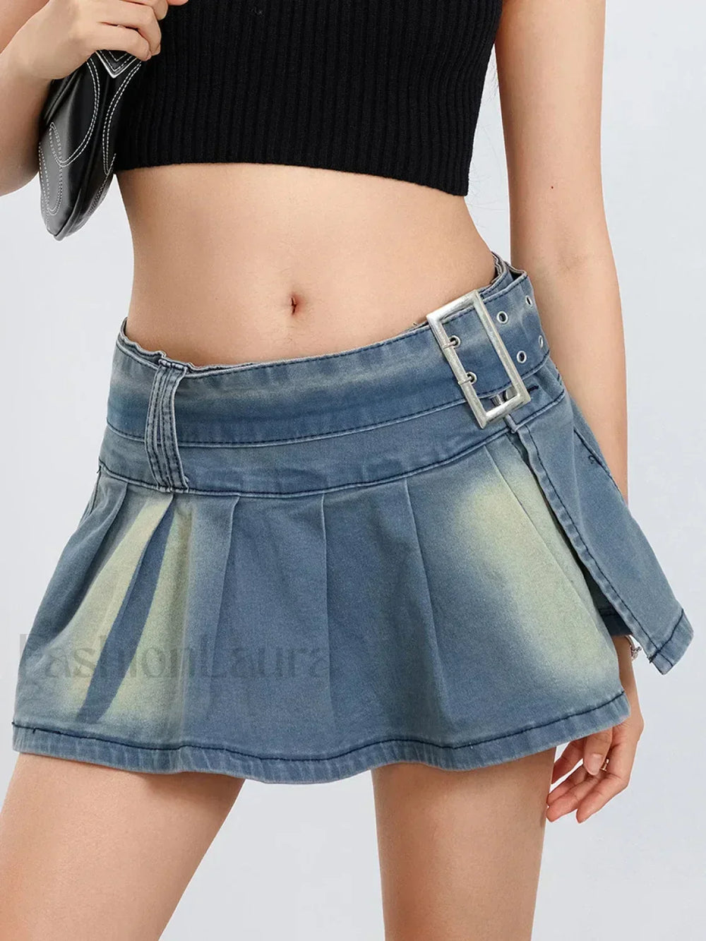 Retro Belted Pleated Denim Skirt
