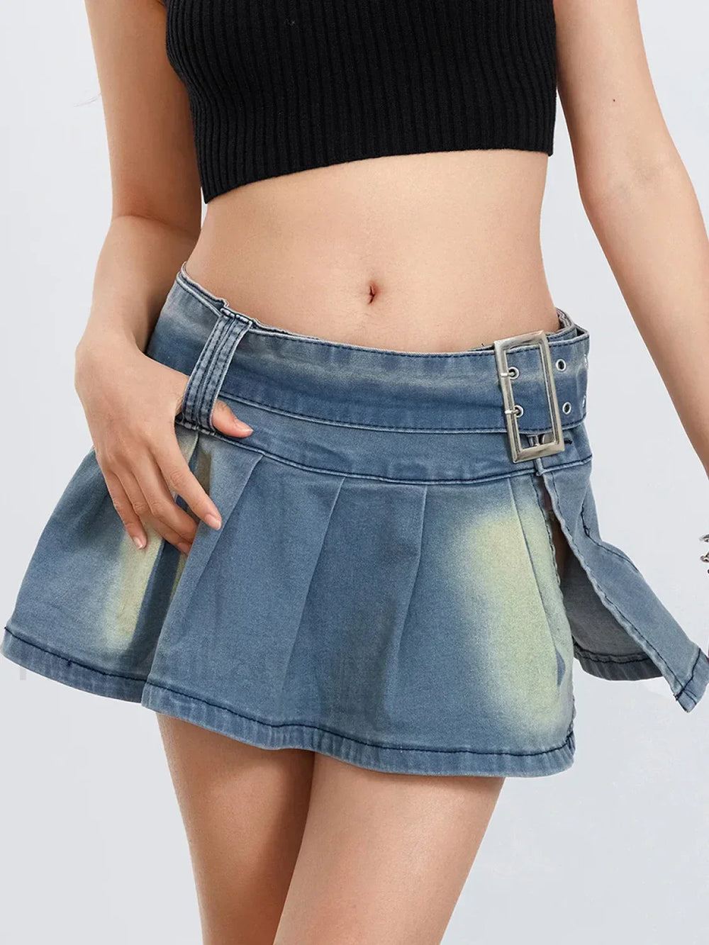 Retro Belted Pleated Denim Skirt