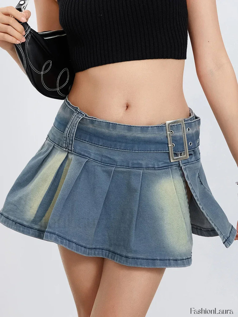 Retro Belted Pleated Denim Skirt Blue / S
