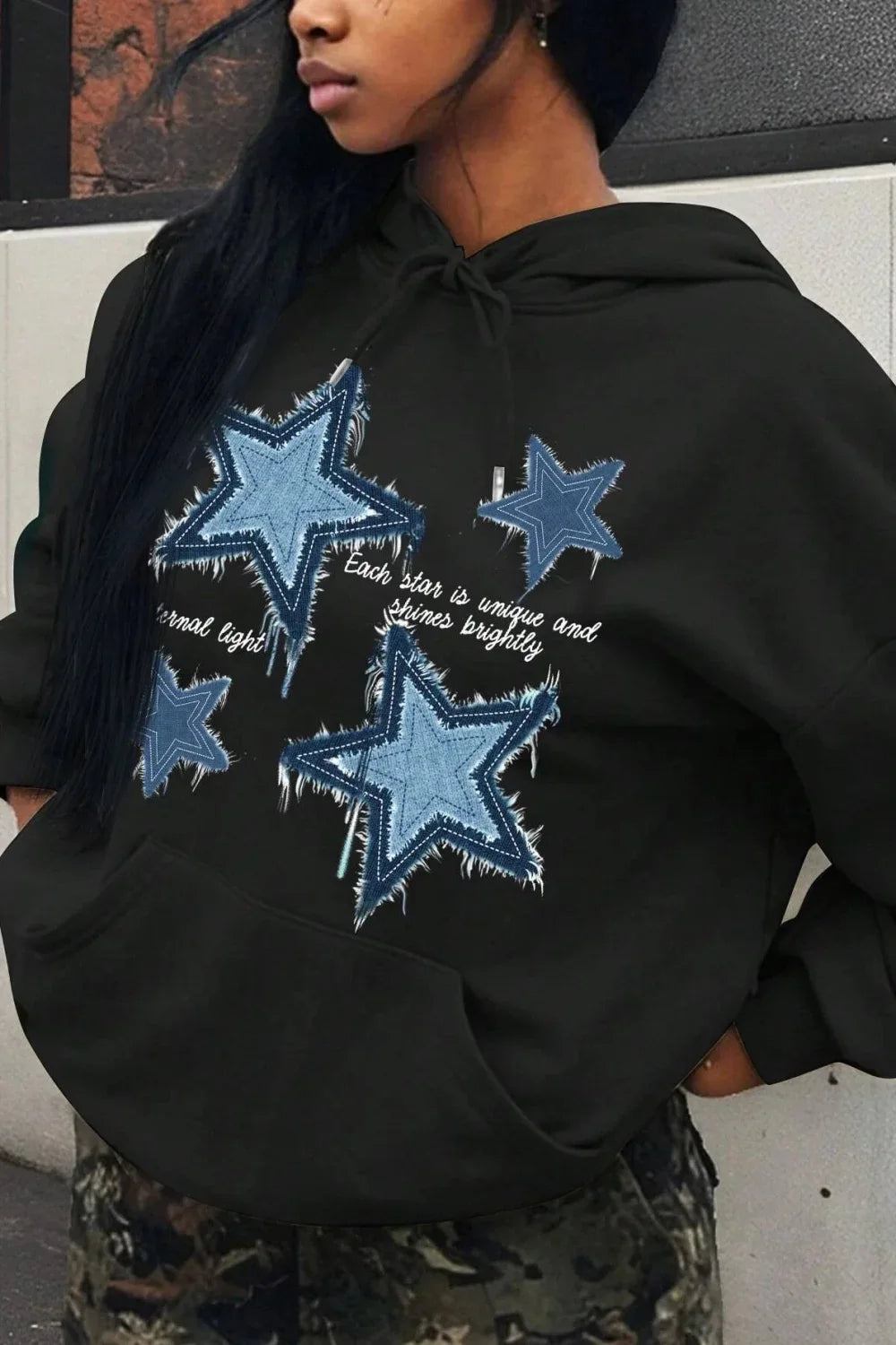Retro Blue Star Printed Hoodie Black / S