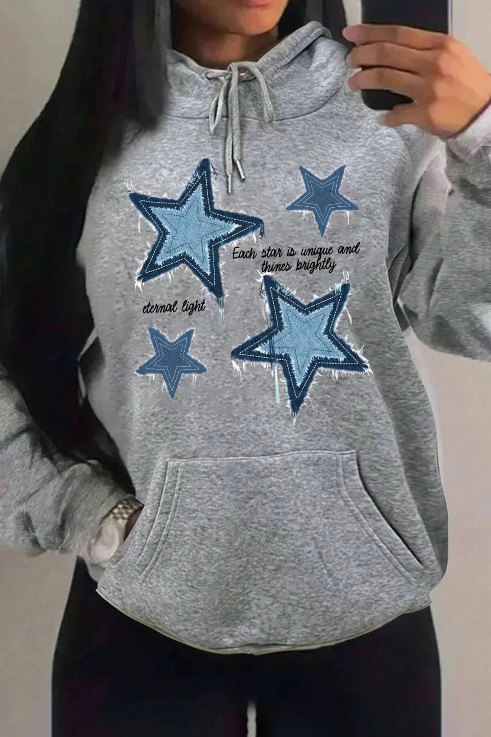 Retro Blue Star Printed Hoodie Grey / S
