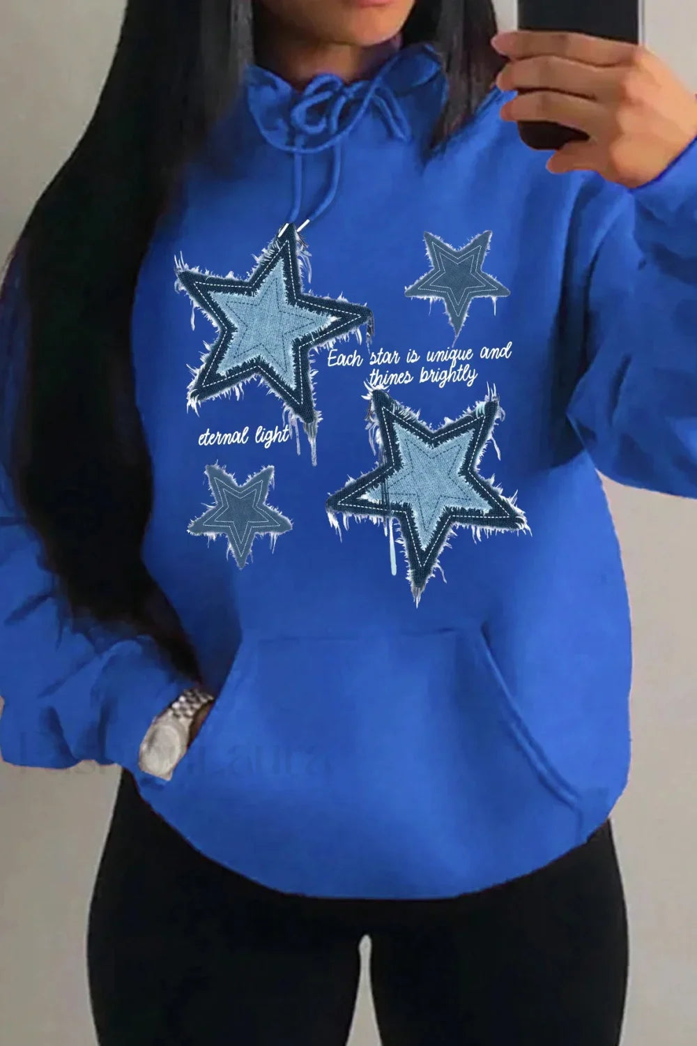 Retro Blue Star Printed Hoodie Blue / S