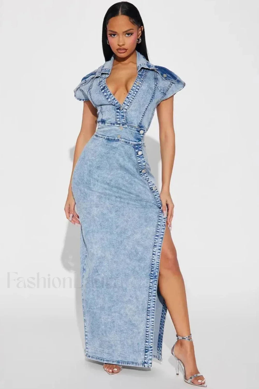 Retro Button Split Denim Maxi Dress Blue / S