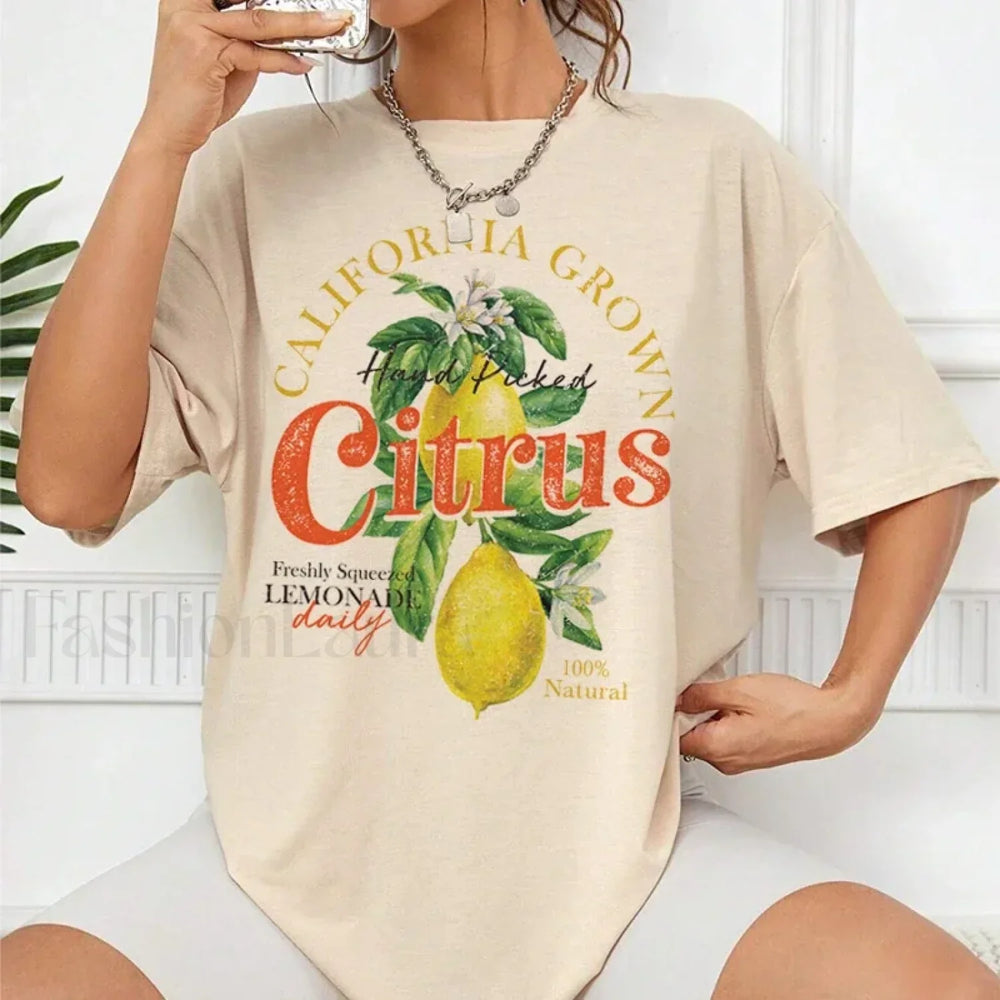 Retro Citrus Lemon Fruit Printed T Shirt Khaki / S