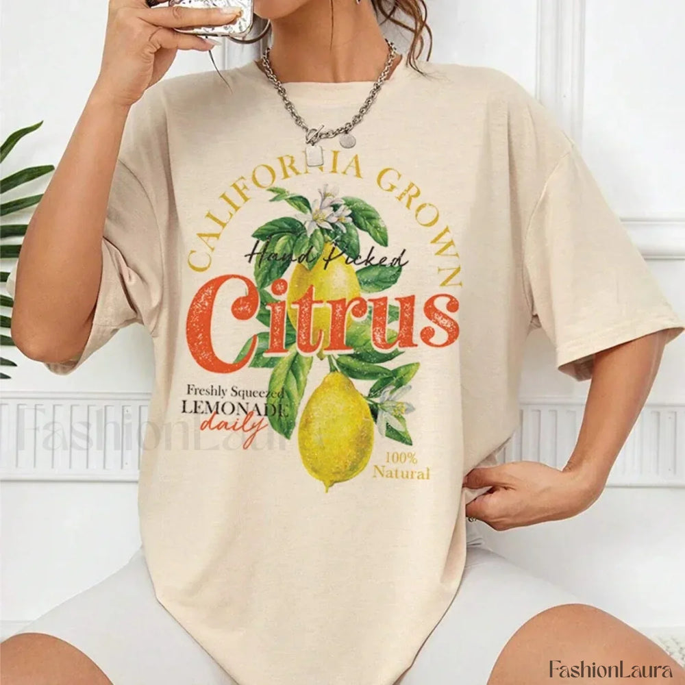 Retro Citrus Lemon Fruit Printed T Shirt Khaki / S