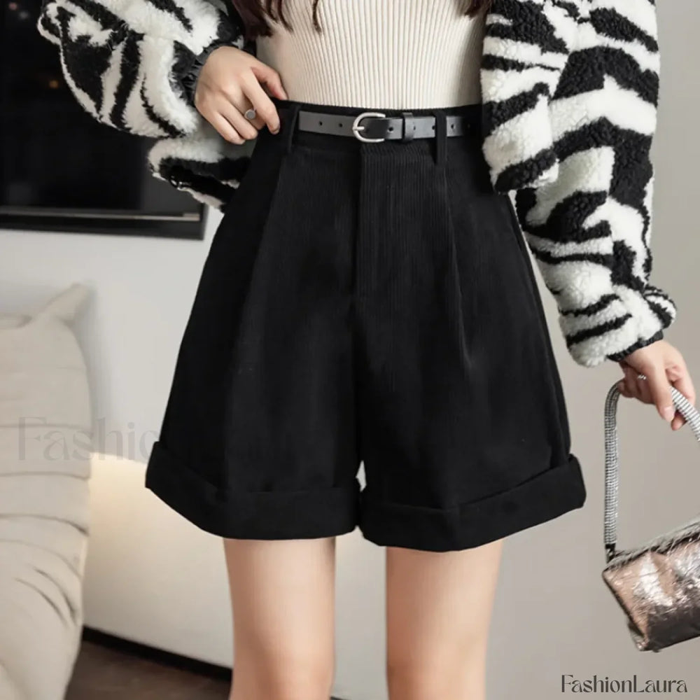 Retro Corduroy Boyfriend Style Female Shorts Black / S
