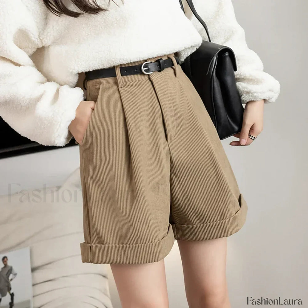 Retro Corduroy Boyfriend Style Female Shorts Khaki / S