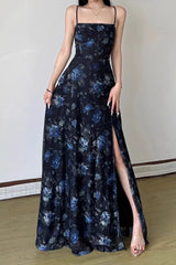 Retro Floral Strappy Backless High Split Pleated Maxi Dress