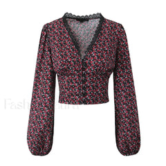 Retro Flower Print Slim Sexy Cropped Blouse