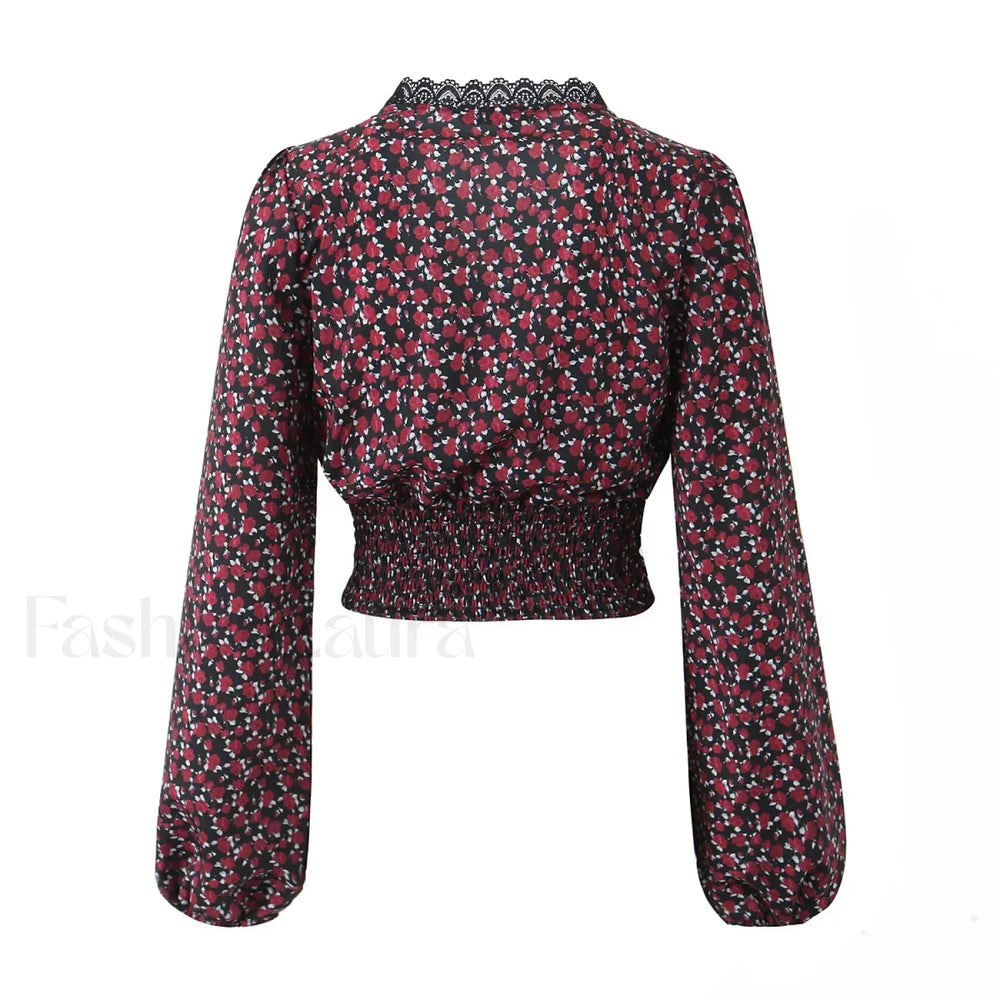 Retro Flower Print Slim Sexy Cropped Blouse