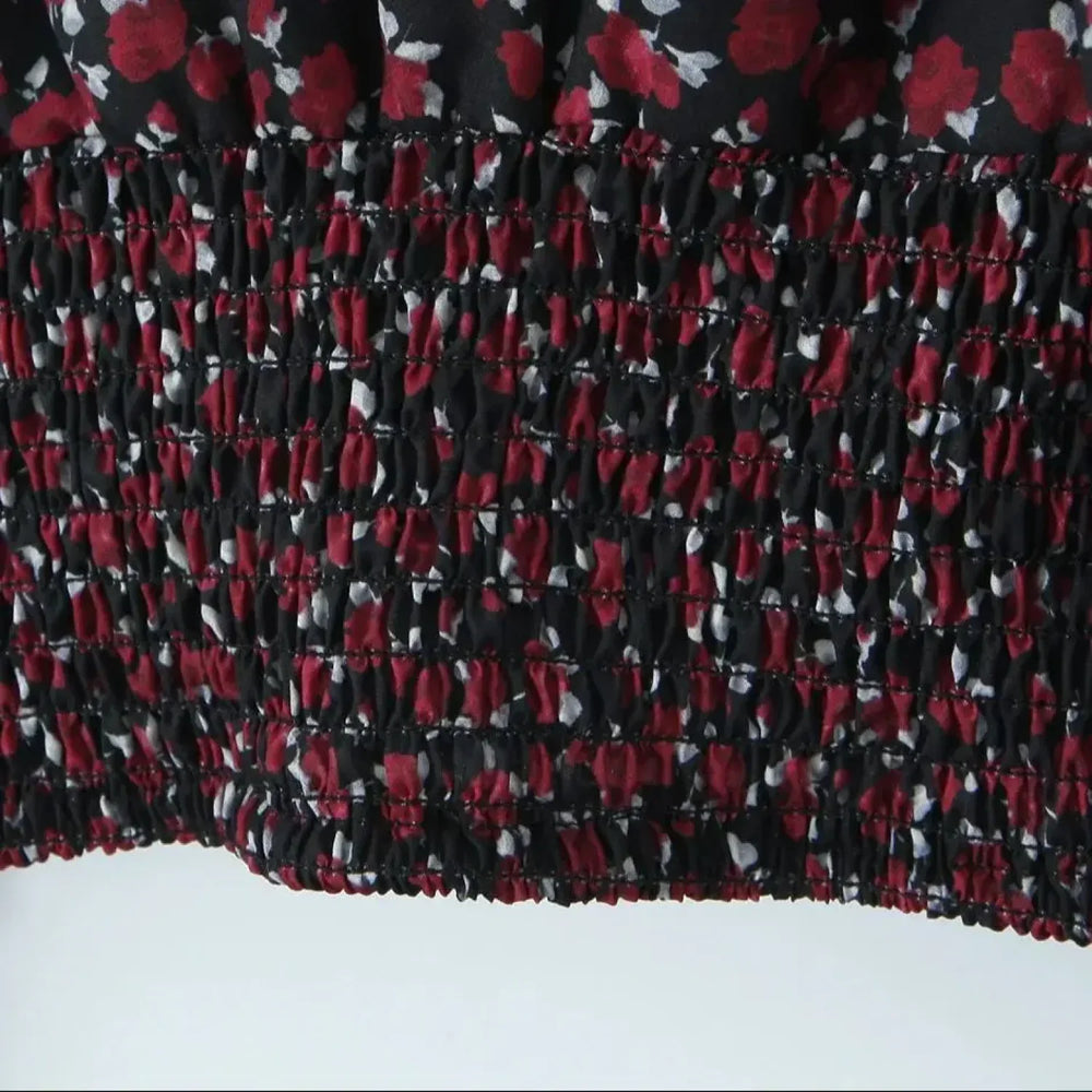 Retro Flower Print Slim Sexy Cropped Blouse