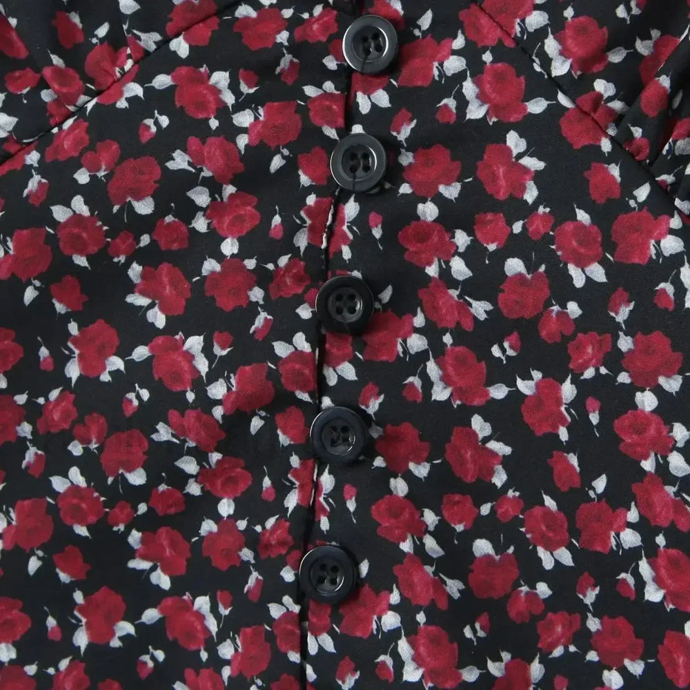 Retro Flower Print Slim Sexy Cropped Blouse