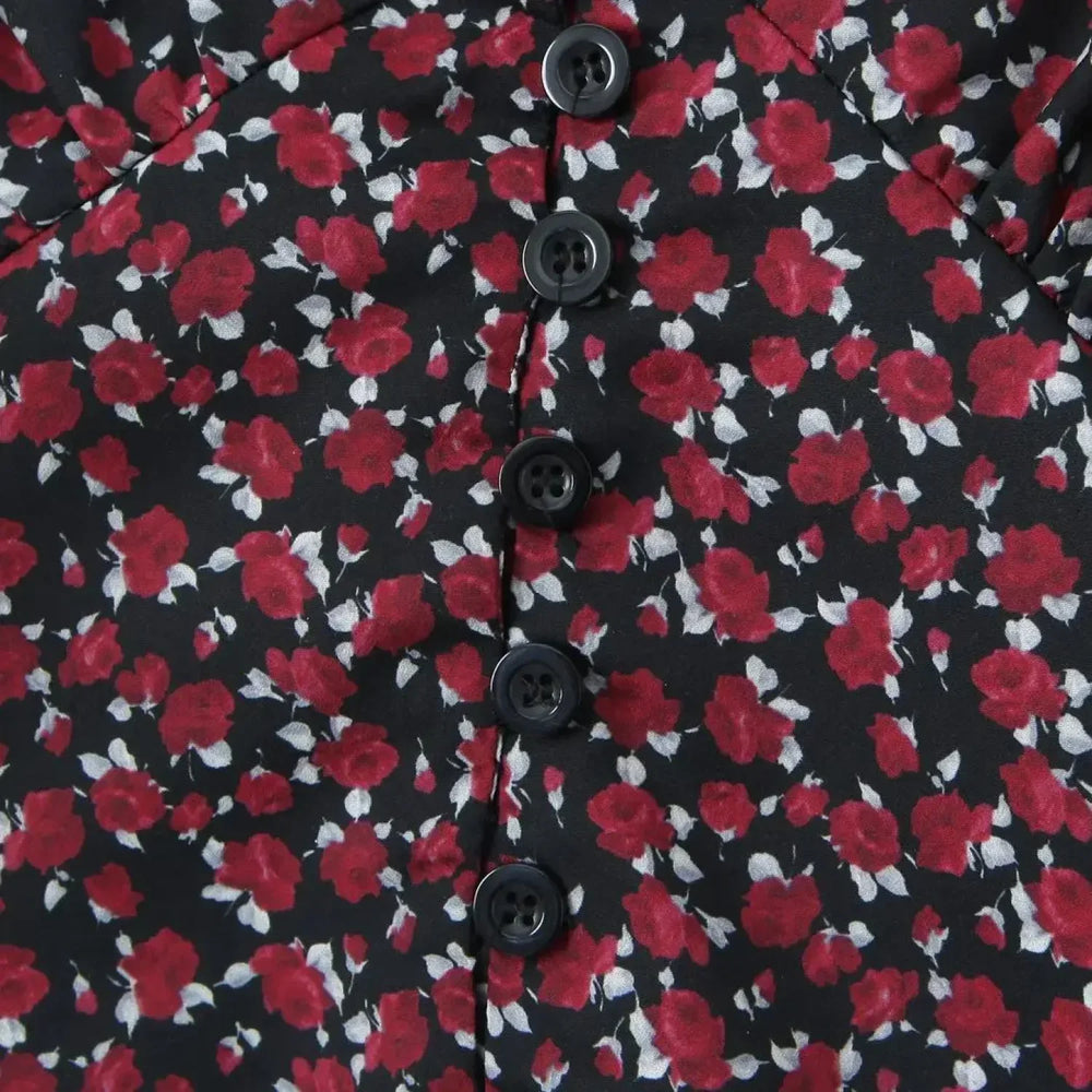 Retro Flower Print Slim Sexy Cropped Blouse