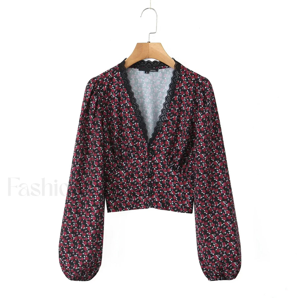 Retro Flower Print Slim Sexy Cropped Blouse Black / S