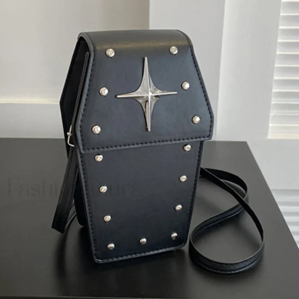 Retro Gothic Dark Personalized Star Rivet PU Leather Women Halloween Handbag Black