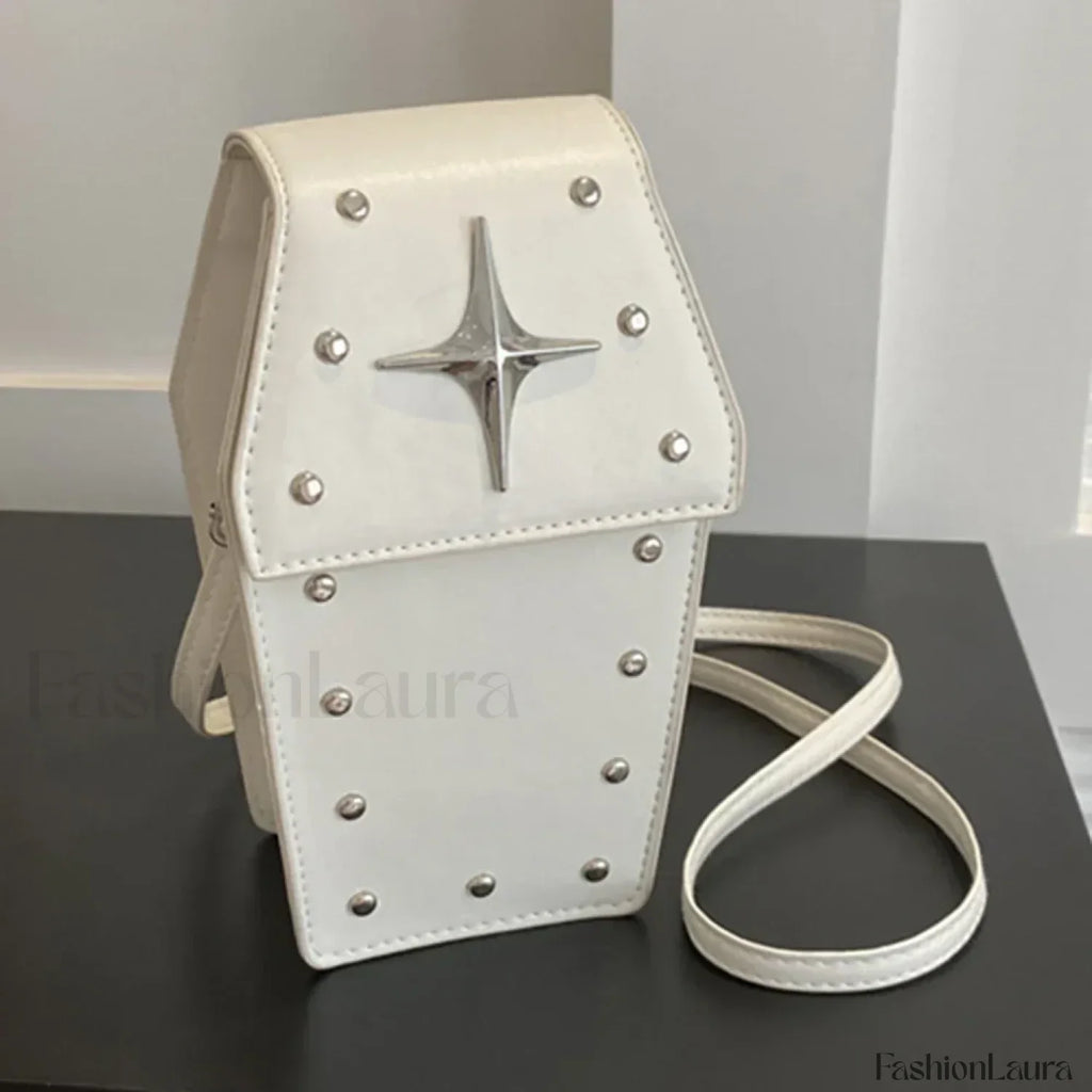 Retro Gothic Dark Personalized Star Rivet PU Leather Women Halloween Handbag White