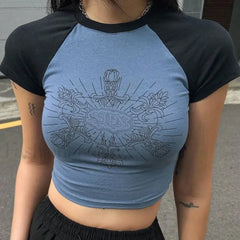 Retro Graphic Print Y2K T Shirt Blue / S