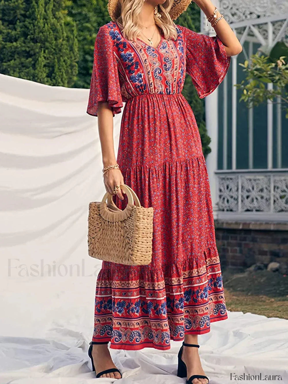 Retro High Waist Boho Dress Red / S