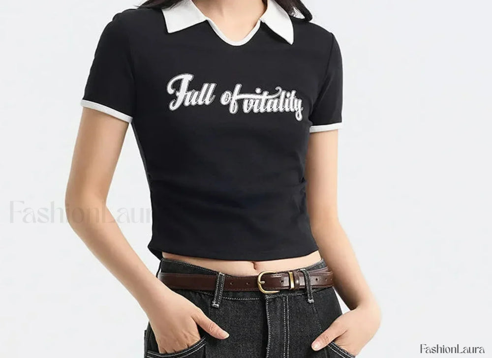 Retro Letter Tight Pullover Polo T Shirt Black / S